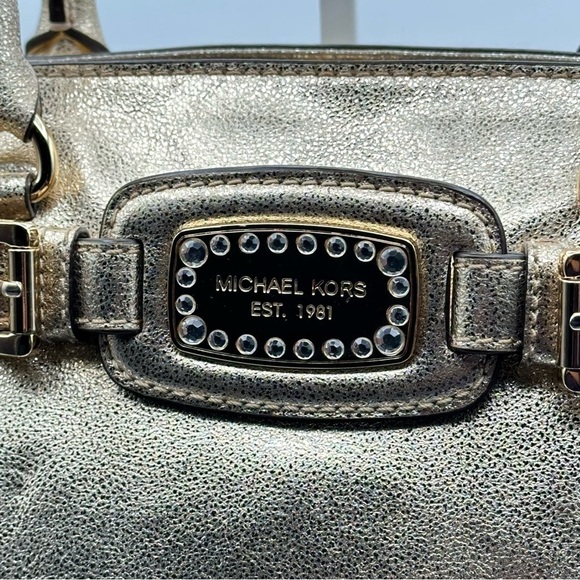 Michael Kors MK Satchel Tote Bag Pale Gold Hamilton Leather East West Large - Picture 5 of 16